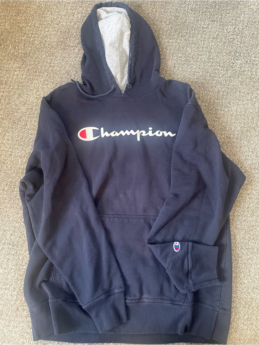 Champion Navy Blue Hoodie with White & Red Logo